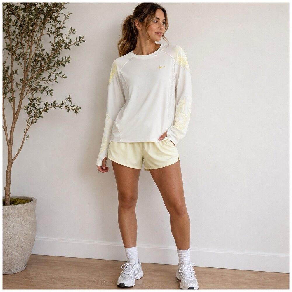 Nike Dri-FIT Running Women’s White Yellow Mesh Long Sleeve Top XL Training
